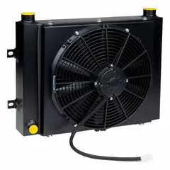 This DC motor driven forced air oil cooler removes 14 hp of heat from hydraulic or lubrication oil systems. It operates on 12V DC, with a maximum flow of 66 gpm and maximum pressure of 300 psi. Connections are 1" NPT. Suitable for mobile equipment, industrial machinery, and off-highway vehicles.