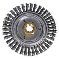 Stringer bead weld-cleaning brush for carbon steel. 4 1/2" diameter, 3/16" width, 5/8"-11 arbor, 0.02" steel fill. Used for removing weld scale, slag, and surface contaminants in fabrication and metalworking