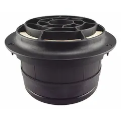 Round/oval engine air filter with channel flow design. Overall height 8 1/32 in. Used on Freightliner buses to remove airborne contaminants from intake air.