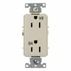 General purpose duplex receptacle rated 125V AC, 15 A with NEMA 5-15 configuration, 2 poles, 3 wires. Ivory finish. Suitable for standard wall outlets in residential and commercial buildings, as well as light-duty industrial areas.