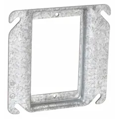 Steel plaster ring with raised cover design. Overall dimensions 4 by 4 inches, raised height 1/2 inch. Used to extend an electrical box to the finished wall surface for mounting switches or receptacles.