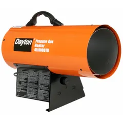 This direct-fired portable gas torpedo heater provides temporary heating for construction sites, warehouses, workshops, and outdoor events. It features a flame-out sensor for safety and measures 13-1/2 in H x 19-5/16 in W x 8-1/8 in D.