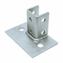 Post base for securing single strut channels to floors or foundations. Constructed of 316 stainless steel for corrosion resistance. Features six 9/16 in diameter mounting holes. Used in industrial framing, pipe supports, and cable tray systems.