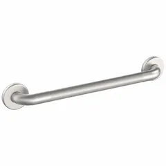 Straight grab bar made of stainless steel with a knurled satin finish. Measures 18 inches in length and 1 1/4 inches in diameter. The anti-microbial surface helps inhibit bacterial growth. Typically used in bathrooms, showers, and other areas where support and hygiene are needed.
