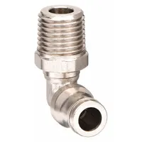 Nickel-plated brass elbow fitting with push-to-connect on one end and 1/4" MBSPT male thread on the other. Accepts 8 mm OD tubing. Used in pneumatic and fluid systems for connecting tubing to threaded ports