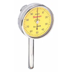 This metric dial indicator features a back plunger design for mounting in fixtures or on machine tables. It provides continuous reading over a 0-5 mm range with 0.02 mm graduation and 0.02 mm accuracy, suitable for precision measurement of small linear displacements in machining and quality inspection.