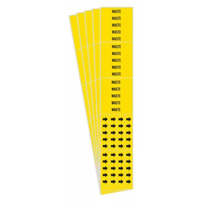 BRADY Pipe Marker: Waste, Yellow, Black, Fits 3/4 in and Smaller Pipe O.D., 3 Pipe Markers - Waste Adhesive Pipe Markers