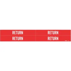 Red pipe marker with white legend text reading 'Return'. Fits pipe outer diameters from 3/4 to 2-3/8 inches. Pack of 4 markers without arrows. Used to identify return piping in industrial systems such as HVAC or process lines.