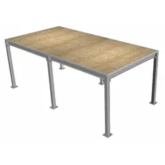 Standard deck platform measuring 16 ft by 24 ft with a height of 9 ft, providing 384 sq ft of OSB decking. Supplied unassembled for on-site installation. Suitable for creating elevated storage or workspace in industrial facilities, warehouses, and distribution centers.