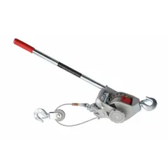 This cable ratchet puller is hook mounted with a safety latch and has no trolley. It provides a 2000 lb lifting capacity with a 10 ft maximum lifting length. Used for manual lifting, pulling, and tensioning of loads in industrial maintenance, construction, and rigging applications.