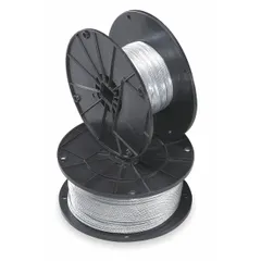Galvanized-steel wire rope with 7x7 construction. Working load limit of 184 lb. Overall length of 500 ft. Used for industrial suspension, bracing, and support applications such as cable tray systems, overhead equipment rigging, and structural tie-downs.
