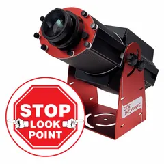 This 300 W white laser projector includes a lens, image template, and power supply. It projects a fixed 'Stop Look Point' legend for visual warning or wayfinding in industrial environments.
