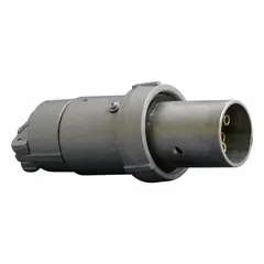 Watertight pin and sleeve plug rated 600V AC, three-phase, 100 A, with 4 poles and 4 wires. Suitable for industrial environments requiring moisture and dust protection. Gray housing.