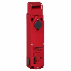 Solenoid-actuated safety-interlock switch with 1NO/2NC contact configuration. Features a pivoting actuator and 1/2 in NPT conduit connection. Used to guard access on industrial machinery, preventing operation when the guard is open.