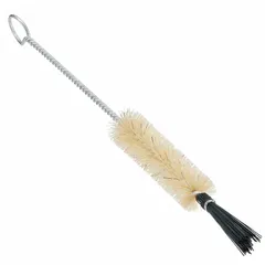 This test tube brush features a 3-inch brush head with 3/4-inch white nylon bristles, suitable for cleaning narrow glassware in laboratory settings. The 9-inch overall length allows access to test tubes and similar containers. Not non-sparking, it is intended for general lab cleaning tasks.