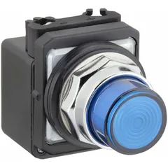 Blue LED pilot light for 30 mm panel mounting. Rated for 120 V AC supply voltage. Provides visual status indication in industrial control panels, machinery, and automation systems.