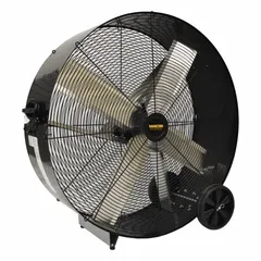 Stationary floor fan with 42-inch steel blades, powered by a 1/4 hp direct-drive motor on 120V AC. Designed for high-volume air movement in warehouses, factories, and workshops.