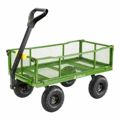 This flow-through high-volume side-panel metal deck truck is designed for transporting bulk materials in warehouses and industrial facilities. It features a 900 lb capacity, a 40 in L x 21 in W x 13 in H deck, a D-shaped handle, and a 14 ga frame. The green finish provides visibility in busy environments.