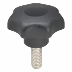This 7-arm knob features a plastic body with a stainless steel threaded stud. The M10 thread has a 25 mm length, and the knob diameter is 50 mm. It is used for manual adjustment, clamping, and positioning in industrial machinery, providing ergonomic grip for frequent hand tightening on jigs, fixtures, and workholding setups.