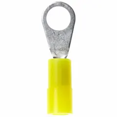 Nylon-insulated ring terminal for #4 stud size, accepting 26 AWG to 24 AWG wire. Rated 1000 V. Used for secure, insulated connections in control circuits, instrumentation, and small-gauge wiring.