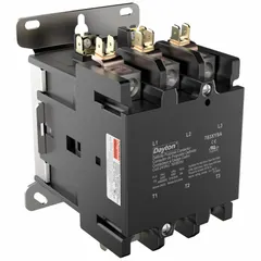 Three-pole, non-reversing definite purpose contactor with a 24V AC coil and 75 A rating. Rated for 600V AC maximum, with 3NO main pole contact form and box lug terminals. Designed for through-panel mounting in HVACR systems for switching three-phase motors and compressors.