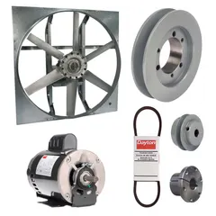 Unassembled belt-drive panel exhaust fan with a 30-inch blade, 1 hp motor, and 11,901 cfm airflow. Operates on 115/208-230V AC, single-phase power. Features an open dripproof motor with Class B insulation, a zinc-plated steel frame, and cast construction. Designed for high-volume air movement in industrial ventilation applications such as factories and warehouses.