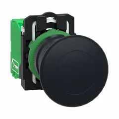 Momentary wireless transmitter with black plastic operator and plastic bezel. Designed for 22 mm panel mounting. Suitable for remote control applications in outdoor environments such as material handling, conveyor systems, and machine control.