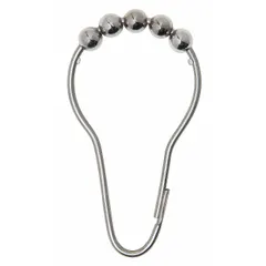 Set of 12 shower curtain hooks made of brass and stainless steel with a nickel-plated silver finish. Each hook measures 3 1/8 inches in overall height. Suitable for hanging shower curtains in commercial or institutional bathroom enclosures.
