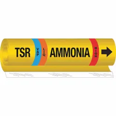Ammonia wrap-around pipe marker for identifying liquid/vapor lines in industrial refrigeration systems. Designed for high-pressure service, fits pipe outer diameters from 2-1/2 to 7-7/8 inches. Includes directional arrows for flow indication. IIAR system abbreviation TSR.