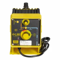 Compact solenoid-driven diaphragm metering pump with PVC head, PTFE diaphragm, and ceramic check balls. Operates on 115V AC with PVDF fittings and PVDF/Polyprel seals. Reproducibility of ±1.0%. Suitable for precise chemical dosing in water treatment, industrial processing, and chemical injection applications.