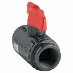 This ASAHI ball valve is a 1 1/4 in, straight, one-piece PVC valve with a maximum pressure rating of 150 psi CWP. It is used for manual on/off flow control in industrial piping systems handling water, chemicals, or air.