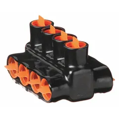 Aluminum-bodied multitap connector with four ports and double-sided entry, accepting wire sizes from 10 AWG to 250 kcmil. Used for splicing and tapping multiple conductors in dry-location electrical installations such as industrial panels, switchgear, and junction boxes.