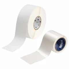 White polyester label and laminating kit with permanent adhesive. Used to create labels that resist abrasion, chemicals, and moisture for asset tagging, cable marking, and safety signage in industrial environments.