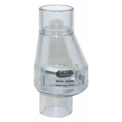 This PVC inline spring-loaded swing check valve features a 1-inch pipe size with socket x socket connections, both female socket type. It is used in piping systems to prevent backflow, allowing flow in one direction only. Suitable for low-pressure fluid lines requiring corrosion resistance.