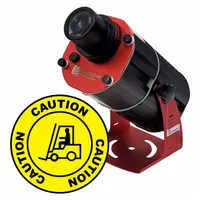 This 80 W LED projector with image disk projects a yellow Forklift Caution legend onto floors or walls to mark safety zones in warehouses, factories, and loading bays. It includes mounting brackets for fixed installation and is supplied as a lens and image template
