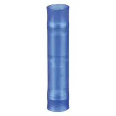 Nylon-insulated butt splice connector for joining two wires of 16 AWG to 14 AWG. Rated 600 V. Color-coded blue for wire range identification. Pack of 100. Used in electrical wiring for splicing wires in junction boxes, control panels, and general maintenance.