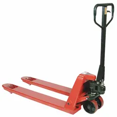 This Dayton pallet jack is a general purpose model with a narrow fork design, constructed of steel. It features a fork length of 48 inches, overall fork width of 21 inches, and an 8-inch width between forks. Suitable for lifting and moving palletized loads in warehouses and industrial settings.