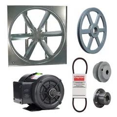 Unassembled belt-drive panel supply fan with a 42-inch blade and totally enclosed motor. Delivers 14,712 cfm at 208-230/460V AC, three-phase. Used for general ventilation and air supply in industrial and commercial facilities where motor protection from dust and debris is needed.
