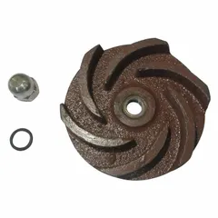This semi-open impeller is made of cast iron and includes a lock nut. It is designed for use as a replacement part in straight centrifugal pumps. Typical applications include water circulation and fluid transfer in industrial processing.