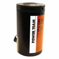 Hydraulic cylinder with 100-ton nominal capacity, 6-inch nominal stroke length, and 20.62 sq in effective area. The lock nut mechanism provides secure load holding for lifting and positioning tasks in industrial maintenance and construction.