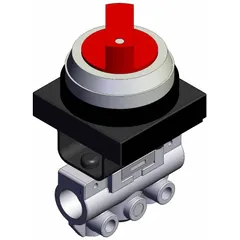 Side-ported body manual air control valve with 3 ports and 1/8 in NPT connections. Features a red, two-position twist actuator for simple on/off or flow-shifting control in pneumatic systems.