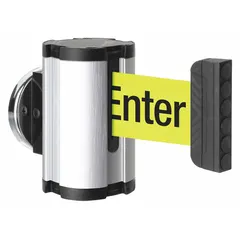 This magnetic-mount retractable belt barrier features a 10 ft yellow belt with caution messaging, a black base, and silver accents. Designed for temporary crowd control and area delineation, it attaches securely to ferrous metal surfaces without tools. Suitable for guiding foot traffic, marking hazards, or managing queues in industrial, commercial, and public spaces.