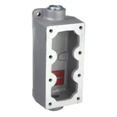 This 3-gang hazardous location electrical box is constructed of iron and features a feed-through hub type with a 3/4-inch hub size. With an overall height of 9 3/16 inches, it is designed to house wiring connections and devices in environments where flammable gases, vapors, or dust may be present.
