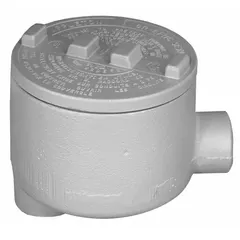 Iron LB round body conduit outlet body with 2 in trade size, threaded female hubs, and 76 cu in capacity. Triple coat epoxy finish. Includes O-ring and cover. For use with threaded IMC in hazardous locations. CSA C22.2 No. 25 certified.