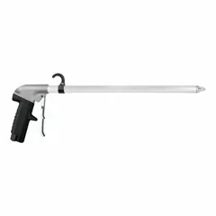 This pistol-grip air gun features an aluminum body with a 3/8 in female NPT inlet and one straight, focused nozzle. It is used for blow-off, cleaning, and drying tasks in industrial settings such as manufacturing, assembly, and maintenance. The straight nozzle design allows for precision debris removal and surface preparation.