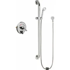 This shower faucet includes a hand-held showerhead with a flow rate of 2.5 gpm. The showerhead and faucet body are constructed of plastic. It features a single handle for temperature and flow control. Suitable for residential or commercial bathing applications where a hand-held shower is desired.
