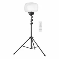 This E-Z UP tripod stand light features a single LED lamp head with 10 brightness levels for adjustable illumination. It operates on 110 to 240V AC and has a black frame with an IP42 rating, suitable for indoor or sheltered outdoor use in construction, events, or emergency response areas