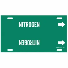 Green strap-on pipe marker with white legend reading 'Nitrogen'. Fits pipe outer diameters of 8 to 9-7/8 inches. Includes directional arrows. Used to identify nitrogen lines in industrial piping systems.