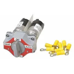 Non-illuminated selector switch from the SSBA series with a short-handled knob operator head. Features maintained/maintained/maintained action and 4-circuit contact form. Aluminum housing in gray finish. Suitable for panel mounting in industrial control applications requiring Off, Short Lever, On, On operation.