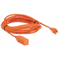 Indoor extension cord with three grounded outlets, 25 ft length, and NEMA 5-15P plug. Constructed with 16/3 SJT wire in orange jacket, rated for temperatures from 0° to 167°F. Suitable for powering multiple devices in workshops, offices, or home applications where temporary power distribution is needed.